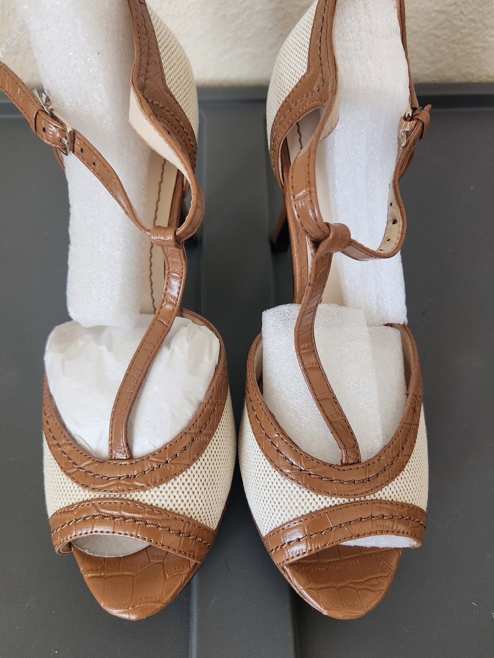 Nine West HILLARYO T-Strap Peep-Toe Heels in Cream and Tan
